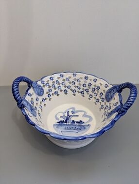Vintage Japan Bowl Delft Style Reticulated Windmill Blue And White Porcelain